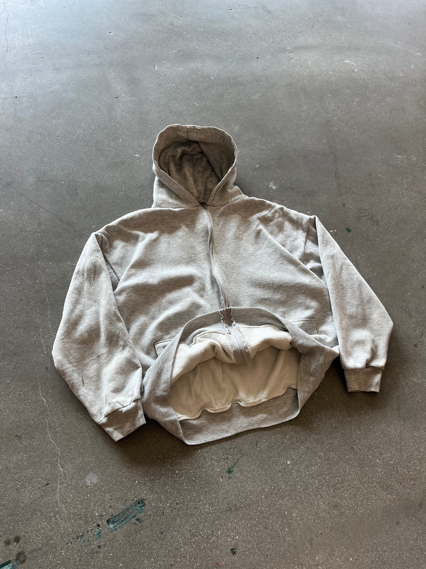 80’S HEATHER GRAY THERMAL LINED ZIP UP HOODIE - BOXY L