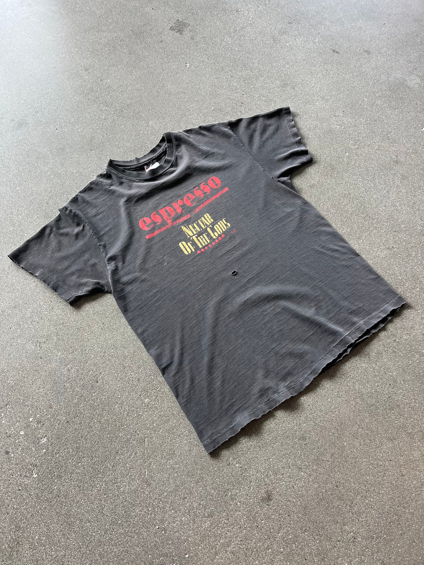 90’S FADED “ESPRESSO NECTAR OF THE GODS” DISTRESSED TEE - BOXY L