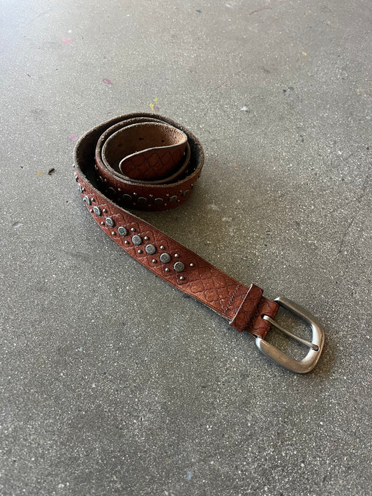 80’S BROWN LEATHER STUDDED BELT - 32-35