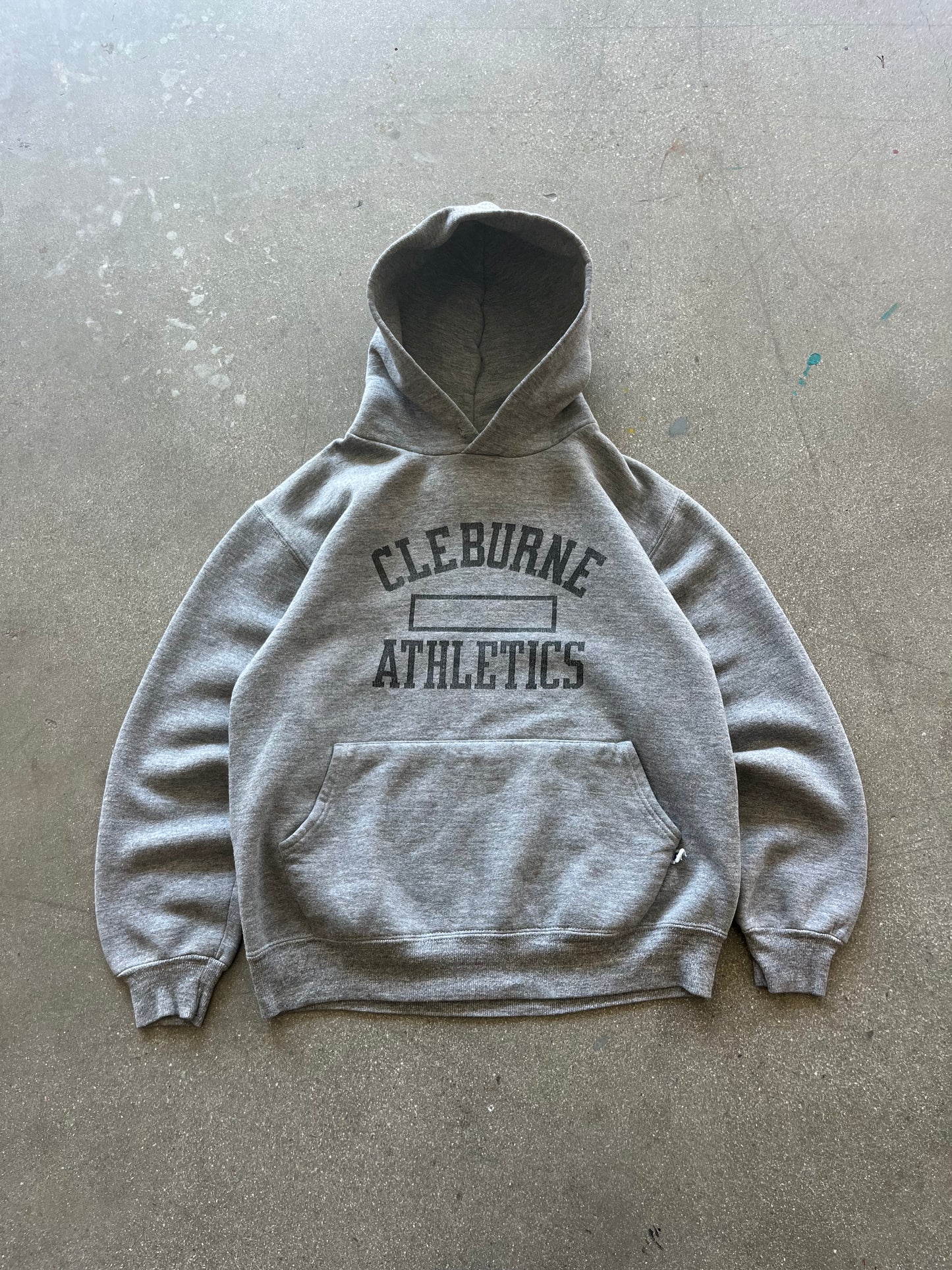 90’S HEATHER GRAY “CLEBURNE ATHLETICS” RUSSELL HOODIE - BOXY S/M