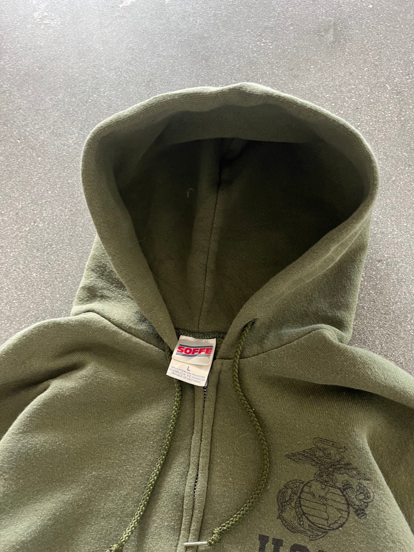 90’S MILITARY GREEN USMC ZIP UP HOODIE - BOXY L