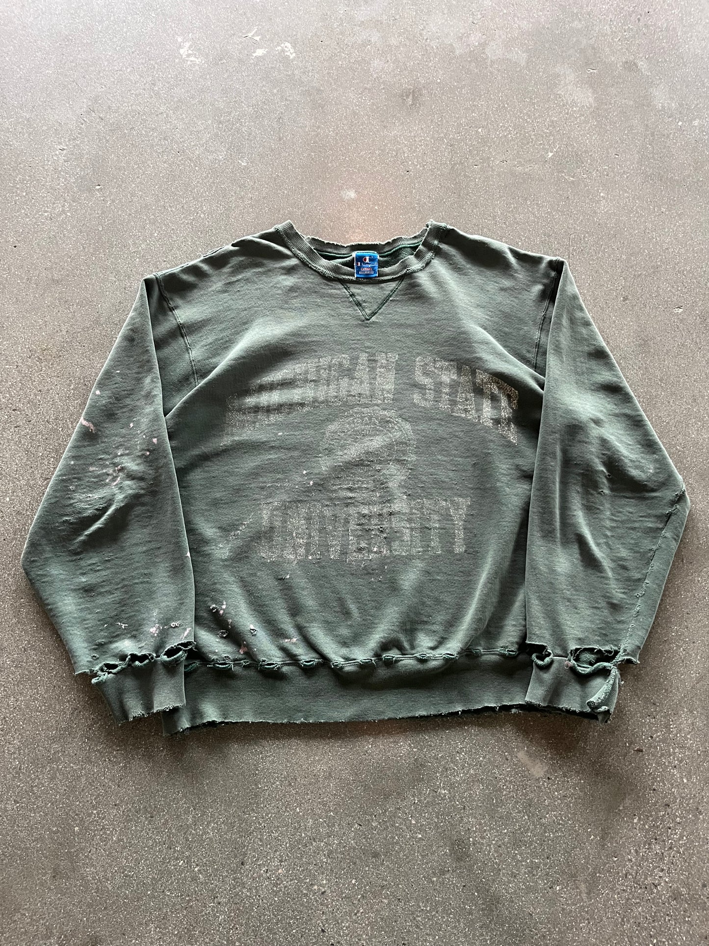 90’S THRASHED “MICHIGAN ST.” GHOST PRINT CHAMPION CREWNECK - BOXY L/XL