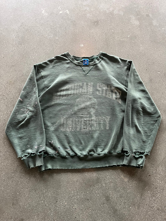 90’S THRASHED “MICHIGAN ST.” GHOST PRINT CHAMPION CREWNECK - BOXY L/XL