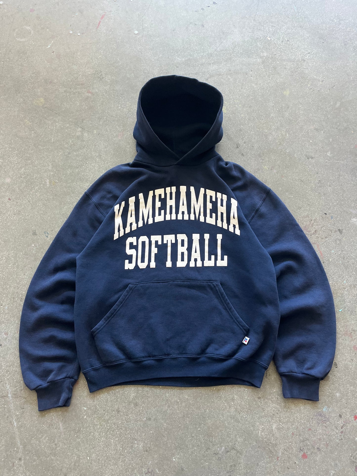 90’S NAVY “KAMEHAMEHA SOFTBALL” RUSSELL HOODIE - BOXY M