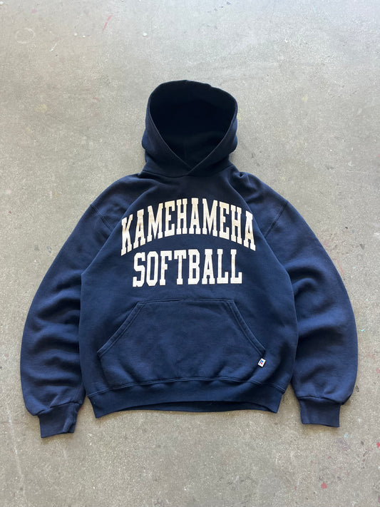 90’S NAVY “KAMEHAMEHA SOFTBALL” RUSSELL HOODIE - BOXY M