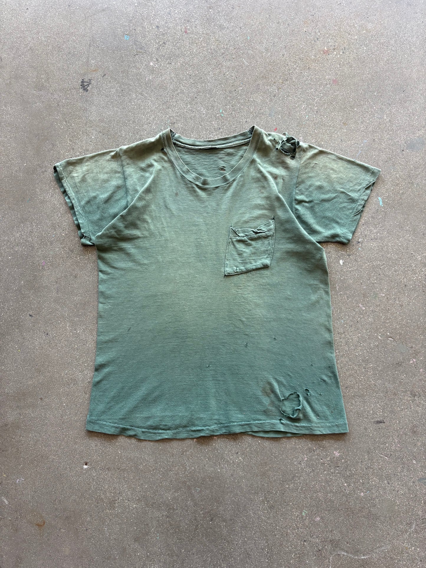 70’S THRASHED FADED GREEN POCKET TEE - M