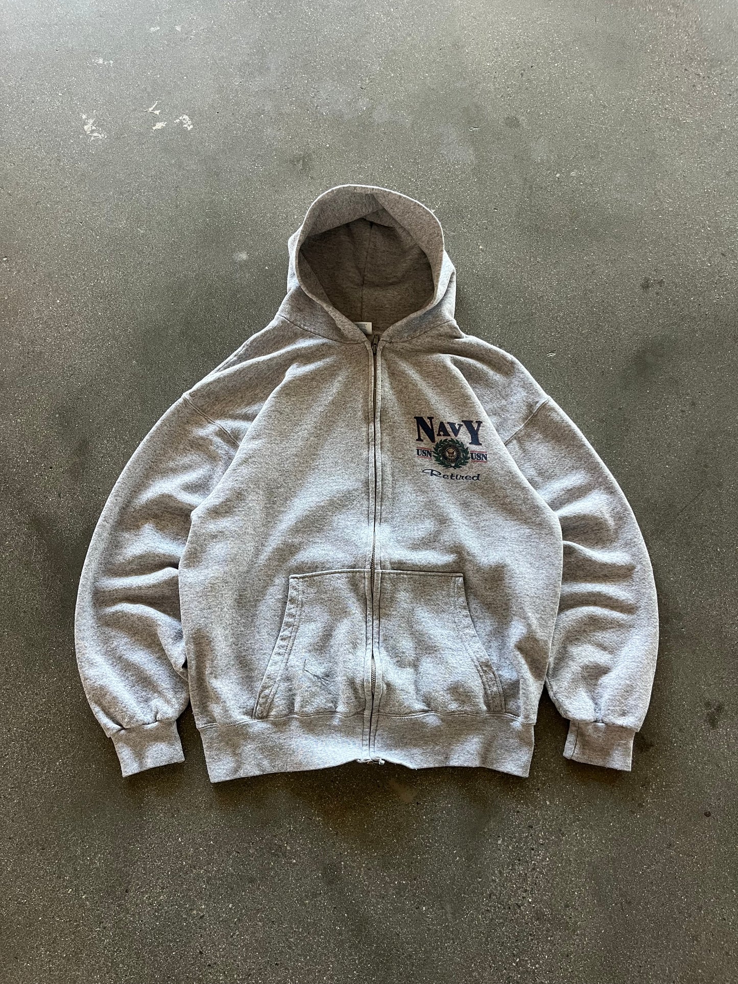 90’S HEATHER GRAY “ARMY RETIREMENT” ZIP UP - BOXY L