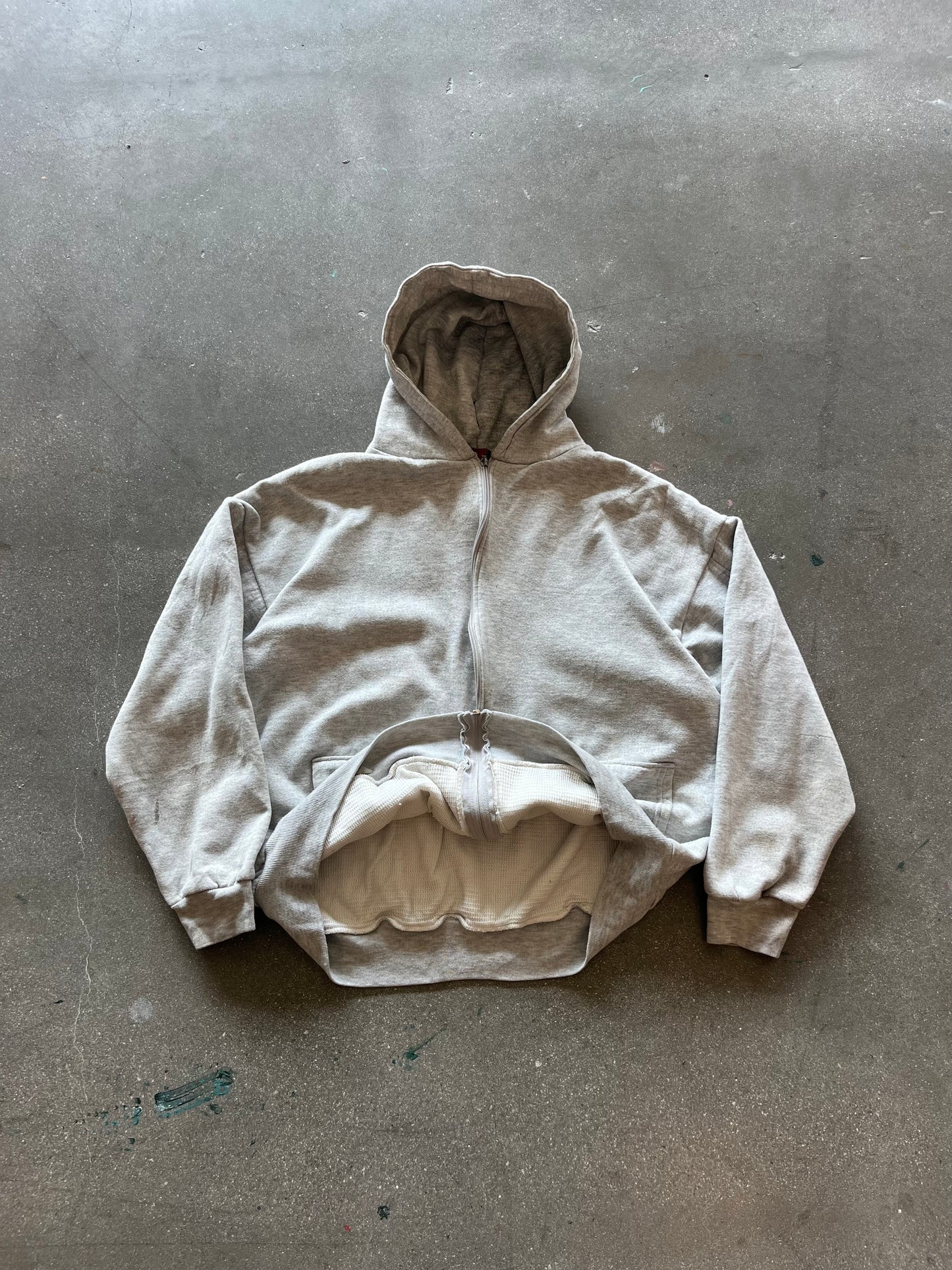 80’S HEATHER GRAY THERMAL LINED ZIP UP HOODIE - BOXY L