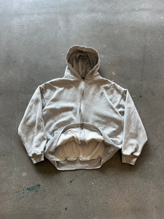 80’S HEATHER GRAY THERMAL LINED ZIP UP HOODIE - BOXY L