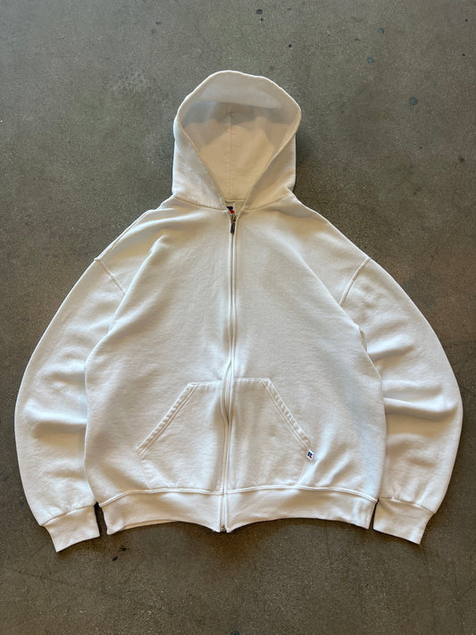 90’S IVORY WHITE RUSSELL ATHLETIC ZIP UP HOODIE - BOXY L