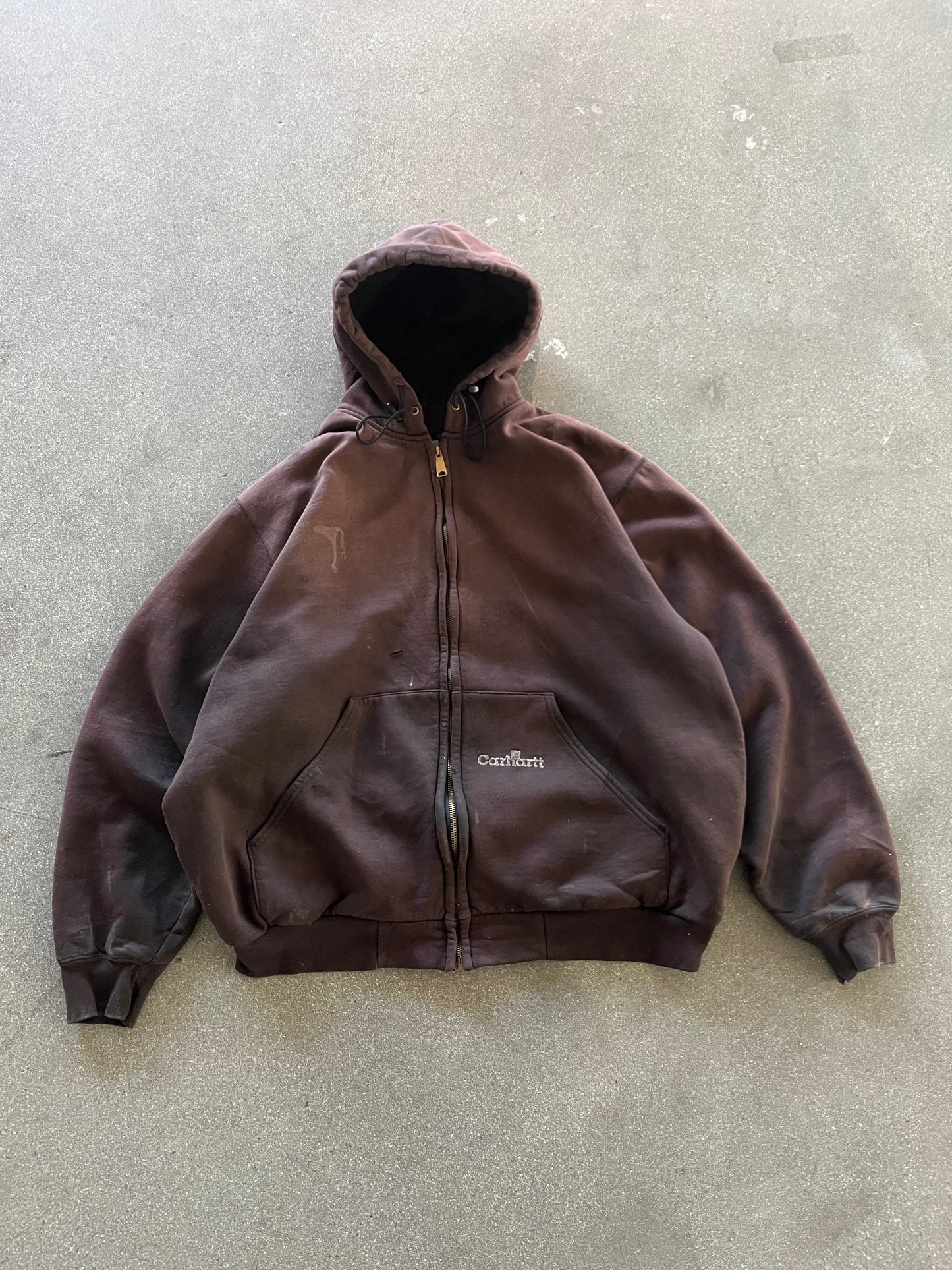 90’S CHOCOLATE BROWN CARHARTT THERMAL LINED ZIP UP HOODIE - BOXY L/XL