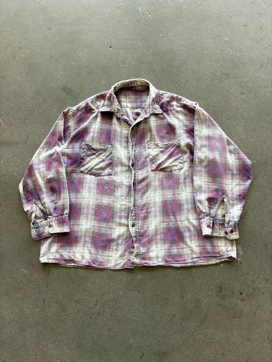 90’S OVERSIZED THRASHED LAVENDER PLAID COTTON FLANNEL - XL