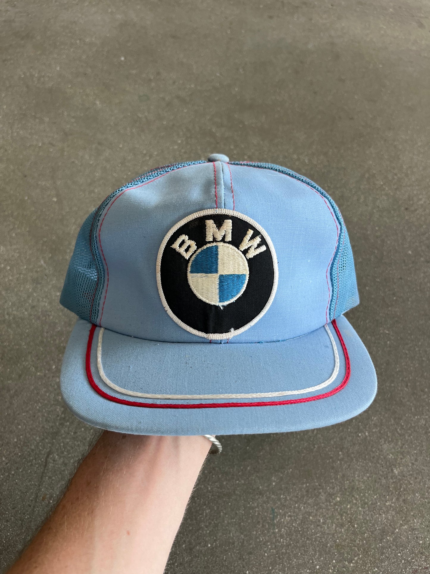 90’S BABY BLUE “BMW” TRUCKER HAT - ONE SIZE