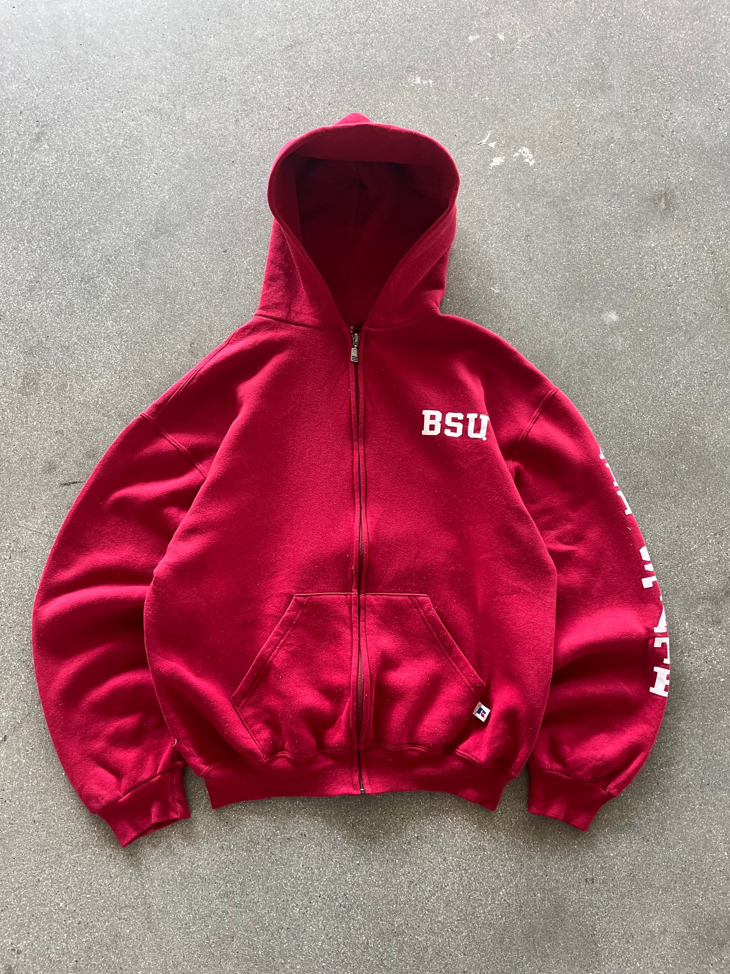 90’S RED “BALL STATE” RUSSELL ATHLETIC ZIP UP HOODIE - BOXY M