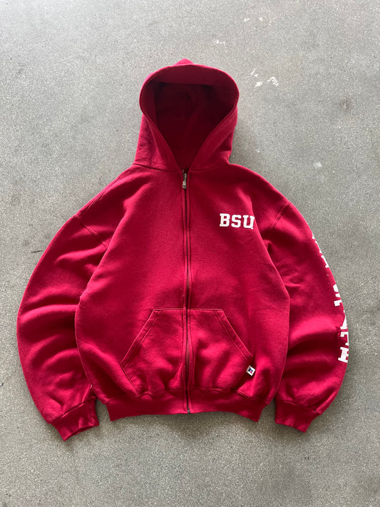 90’S RED “BALL STATE” RUSSELL ATHLETIC ZIP UP HOODIE - BOXY M