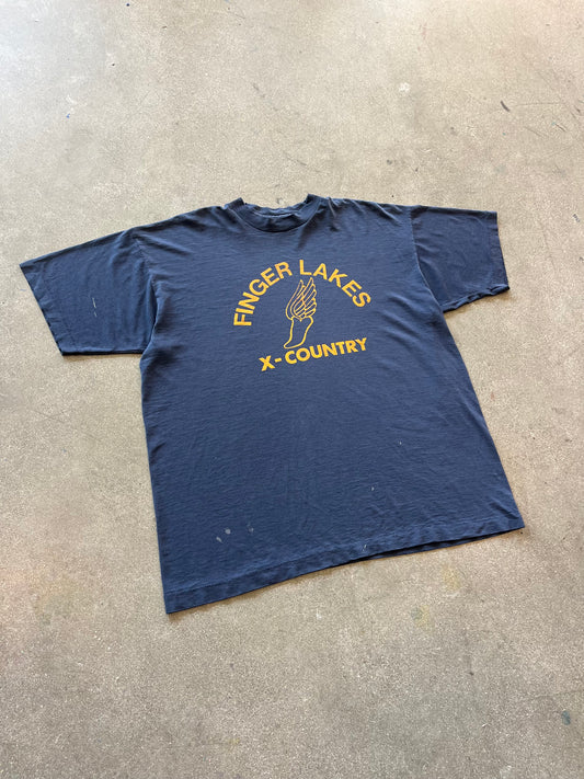 90’S NAVY “FINGER LAKES” TRACK TEE - BOXY L/XL