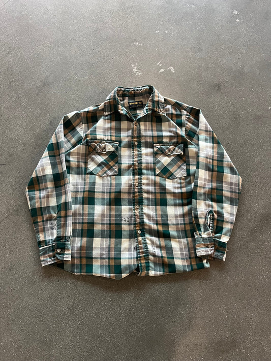 70’S GREEN PLAID WOVEN FLANNEL - M/L