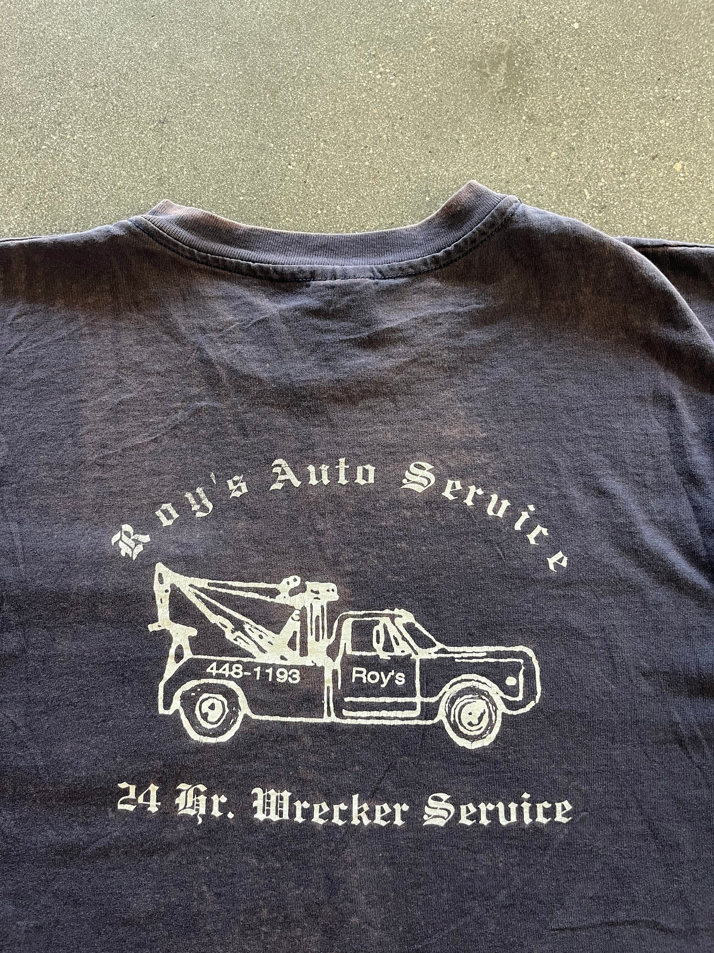 90’S SUNFADED NAVY “ROY’S AUTO REPAIR” POCKET TEE - L/XL