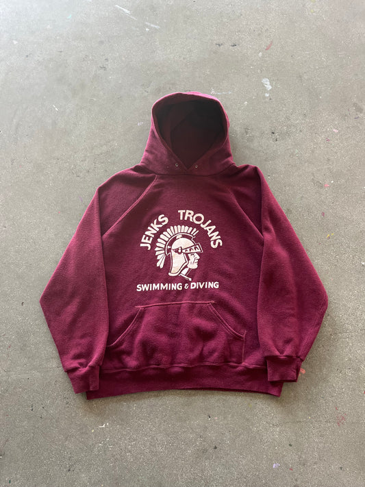 80’S MAROON “TROJANS SWIMMING & DIVING” RAGLAN HOODIE - BOXY M/L