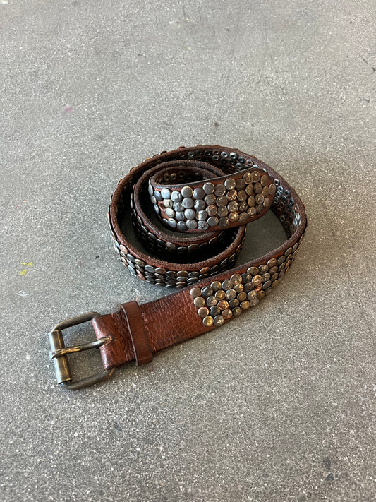 70’S BROWN LEATHER TRIM STUDDED BELT - 33-36