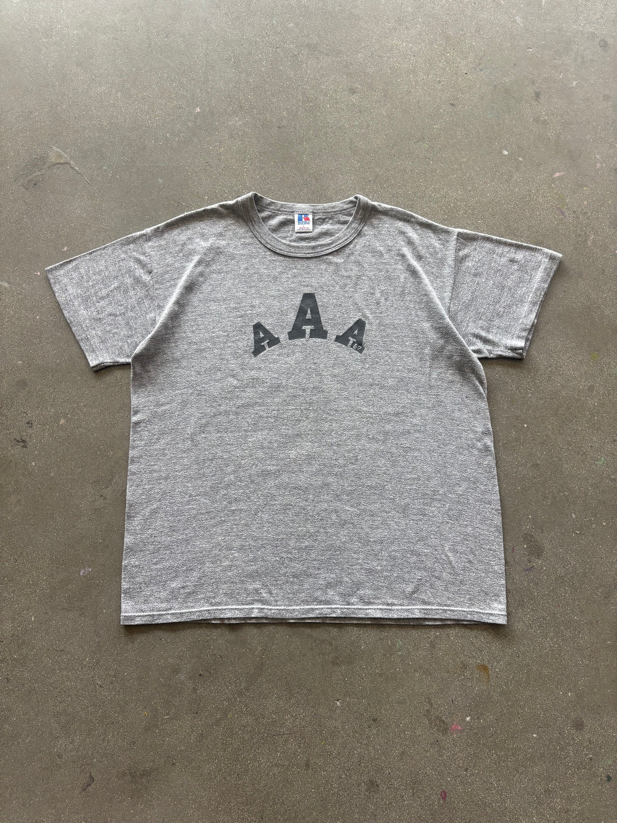 80’S HEATHER GRAY RUSSELL ARMY “AAA 67” TEE - BOXY L