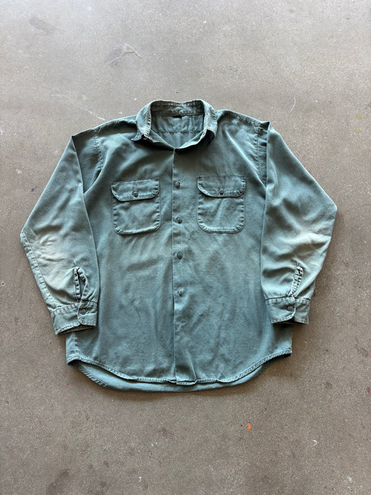 80'S SUNFADED MOSS GREEN COTTON BUTTON UP - M/L